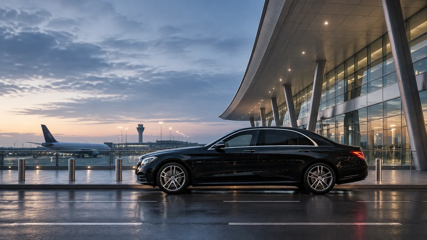 Black chauffeur sedan waiting outside an international airport terminal at dawn