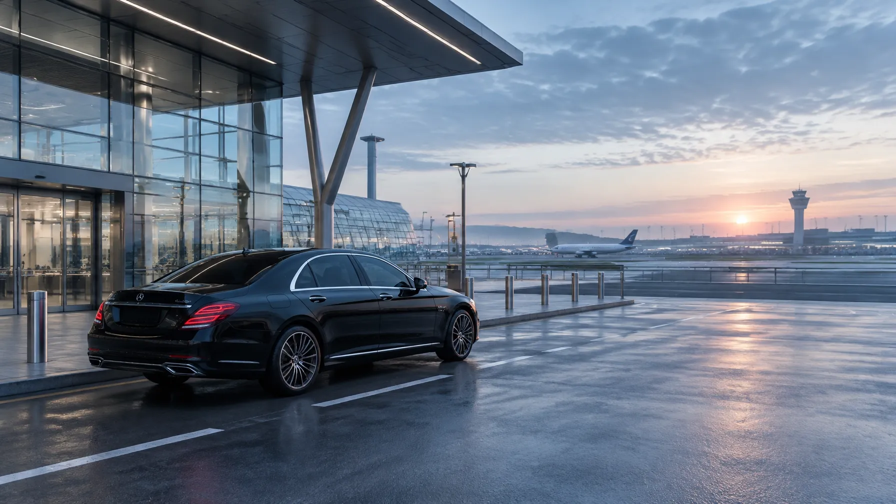 Black executive sedan at an international airport terminal