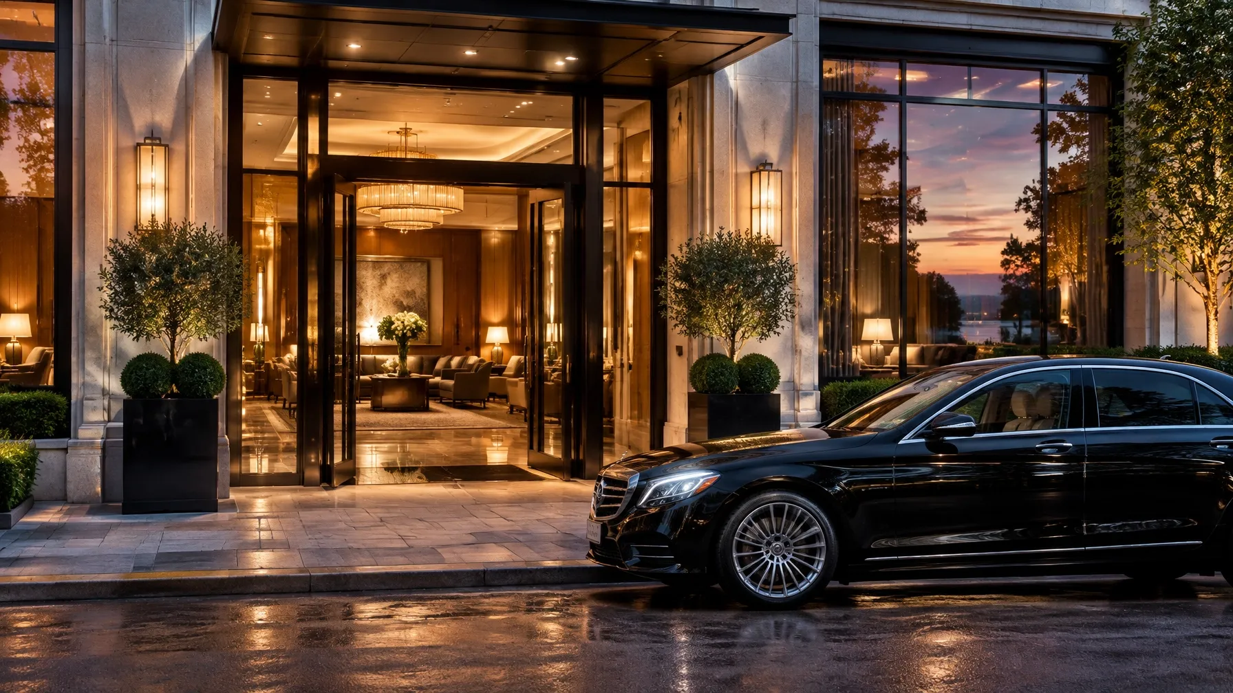 Luxury hotel entrance and black chauffeur sedan at twilight