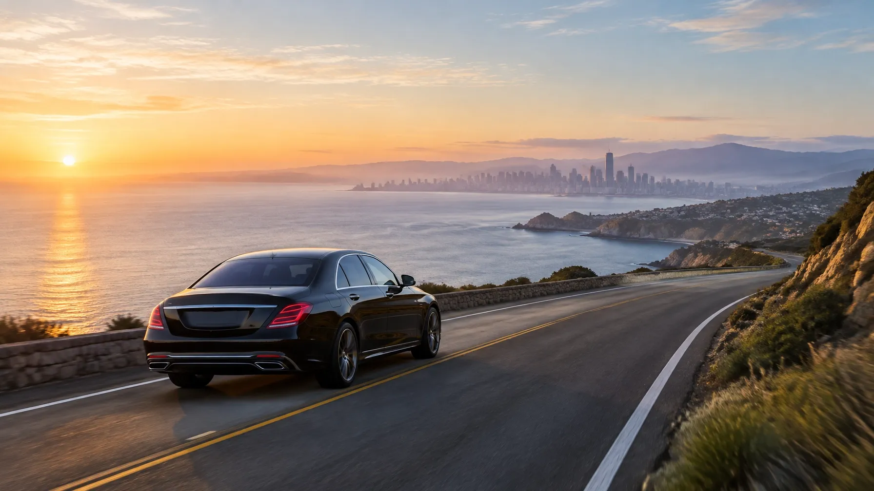 Black sedan on a scenic road toward a distant city at sunrise