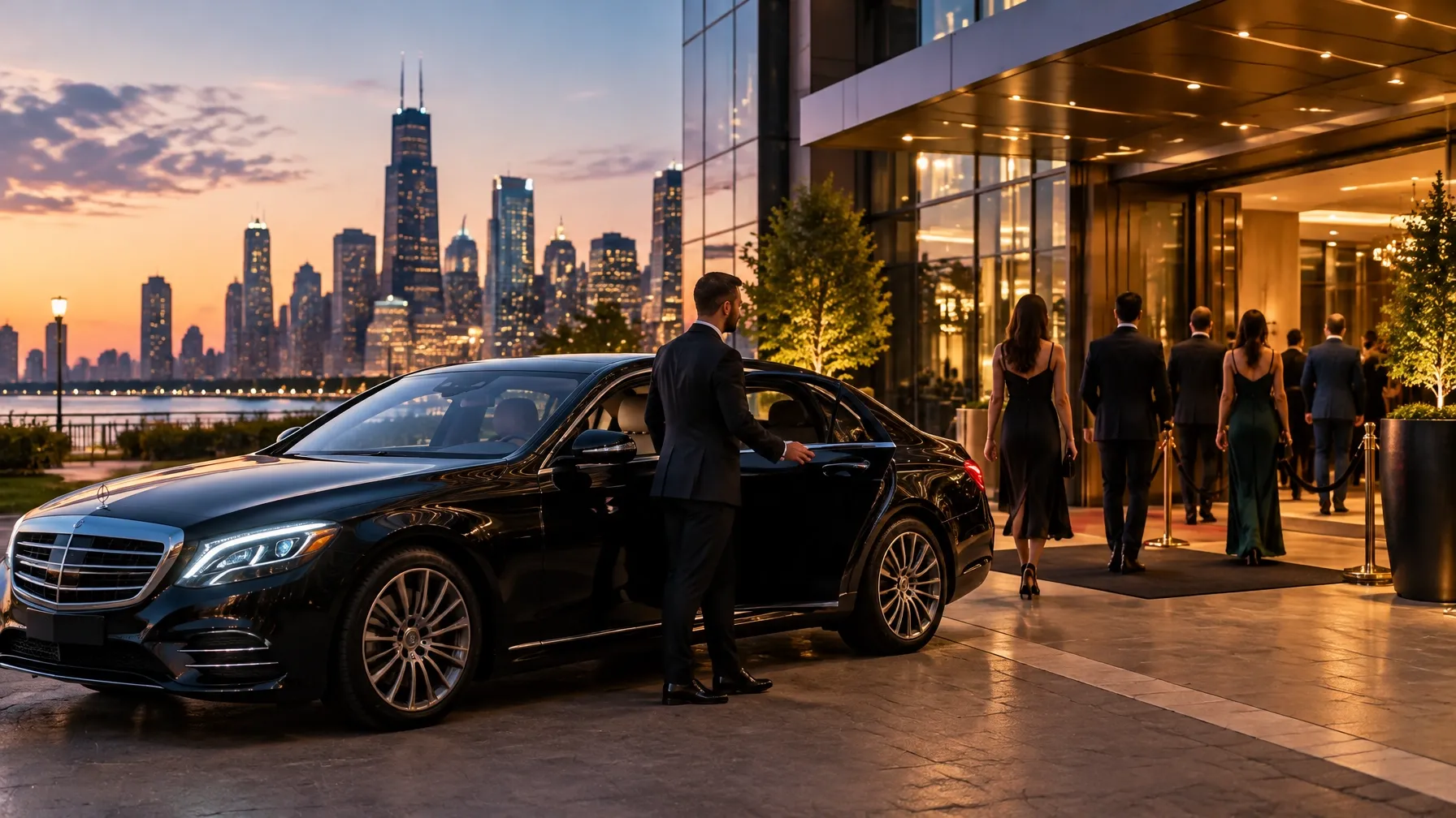 Executive sedan outside a city event venue at dusk