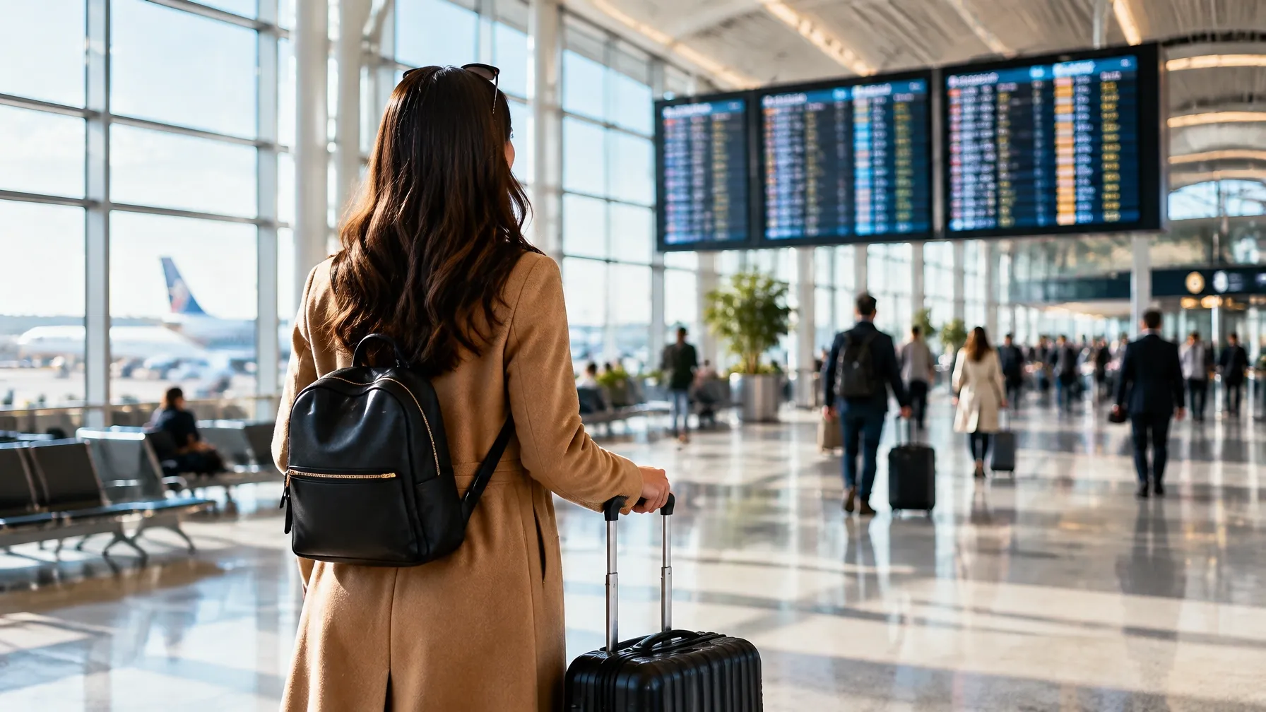 Traveler walking through a bright international airport terminal
