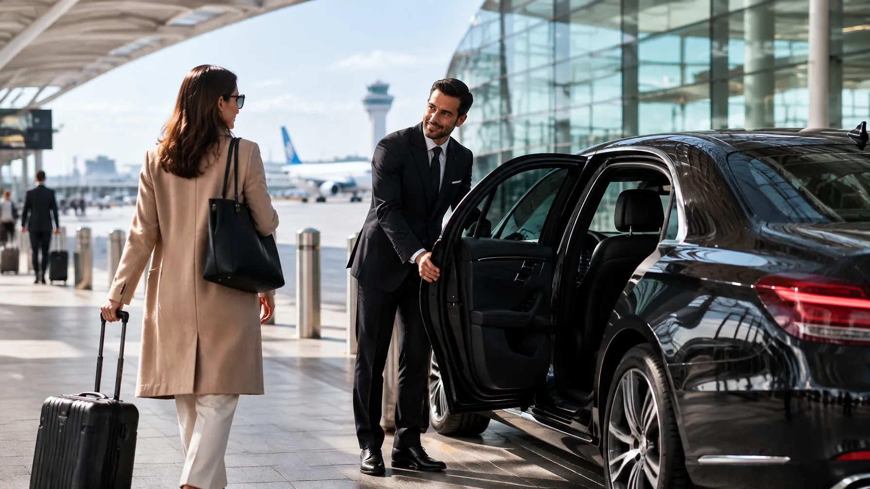 Chauffeur welcoming a traveler beside a sedan at an airport