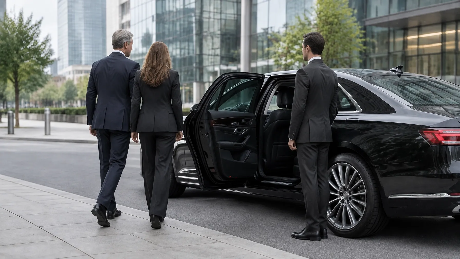 A professional chauffeur welcoming a business traveller beside a black sedan.