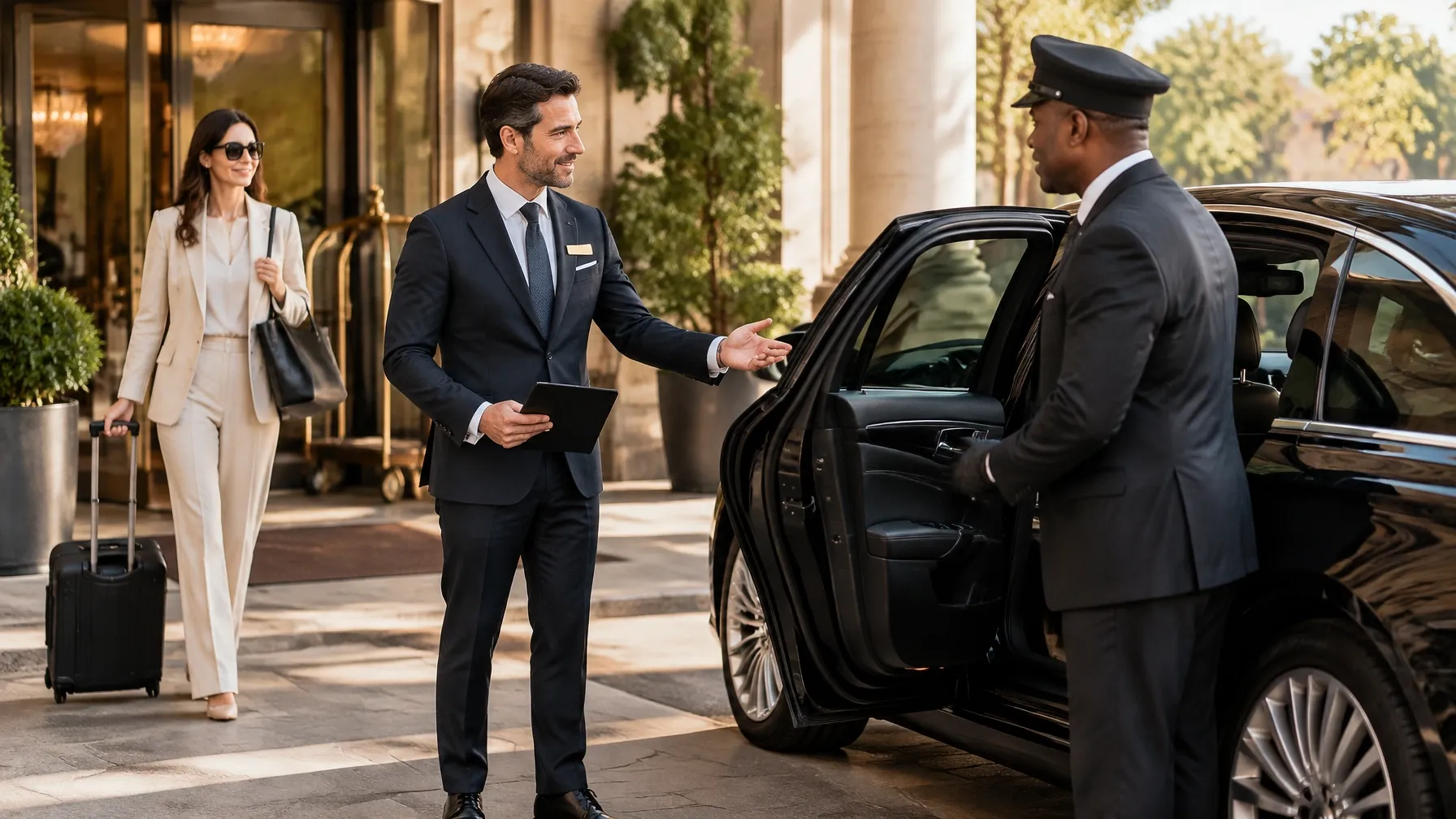 Hotel concierge coordinating guest pickup with a chauffeur.