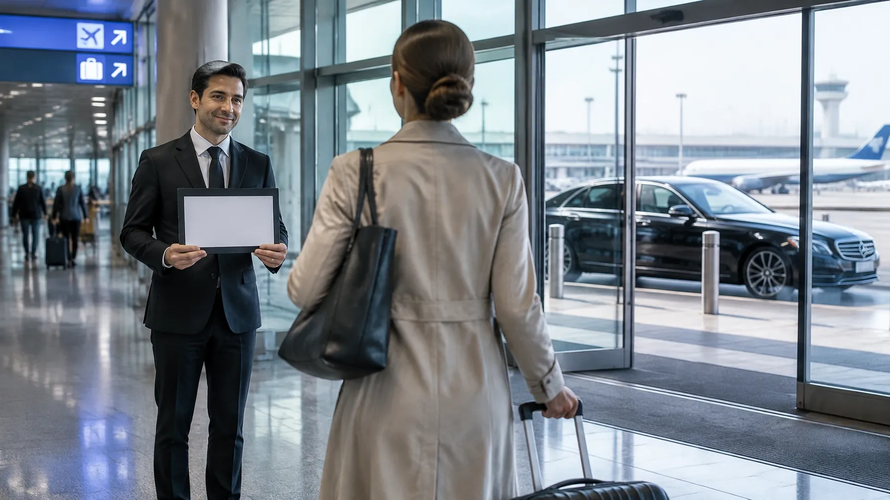 Professional chauffeur welcoming a traveller at an international airport.