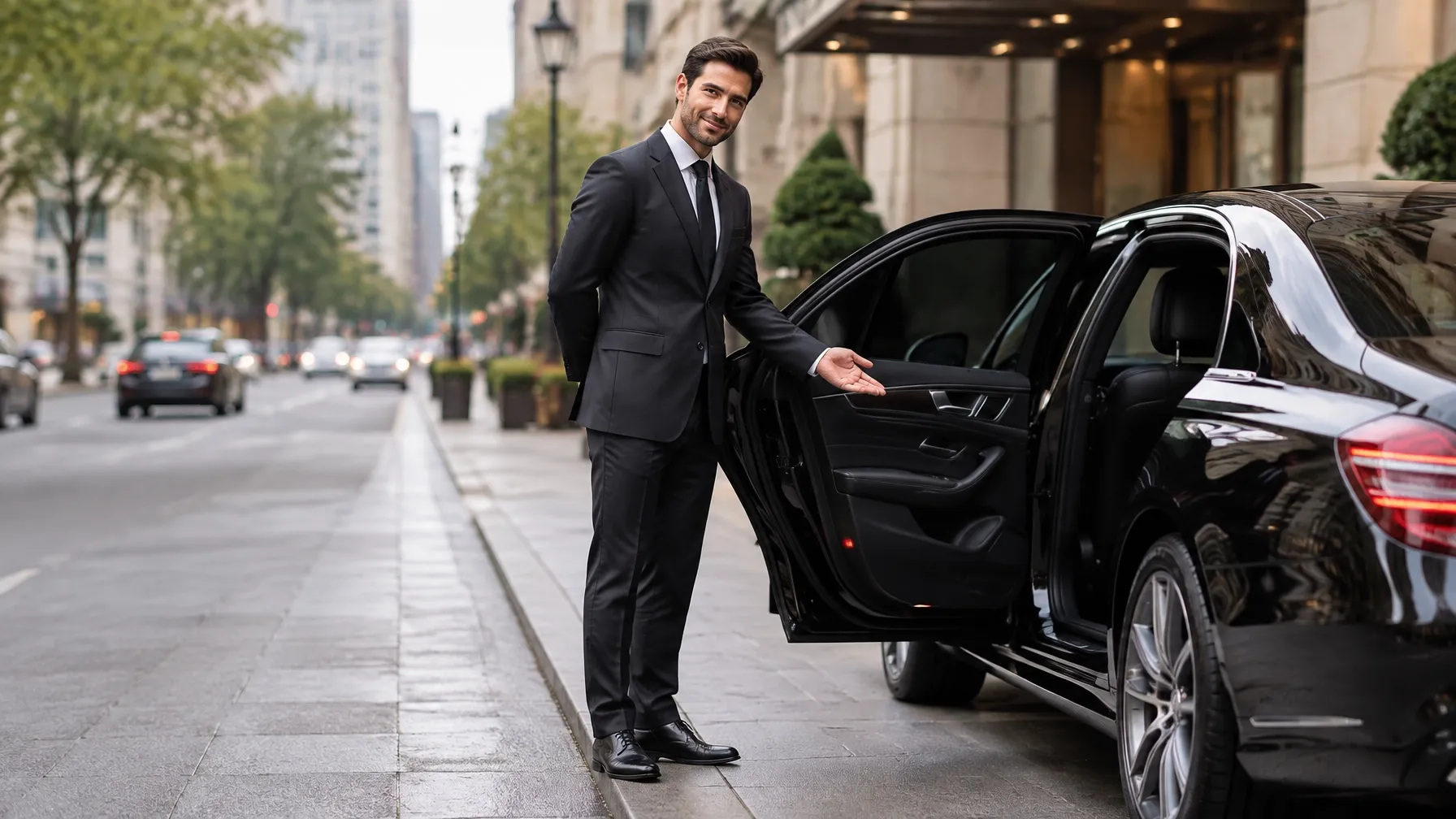 Professional chauffeur standing by an executive sedan outside a city hotel.
