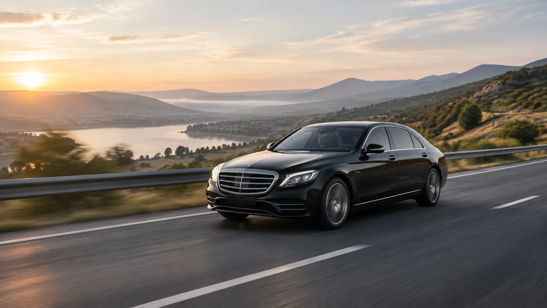 Black executive sedan travelling along a scenic intercity highway.