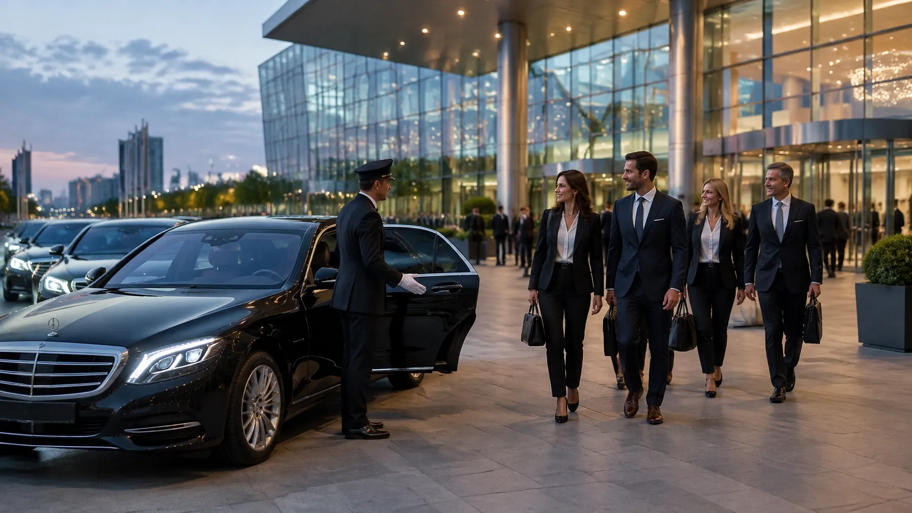 Chauffeur greeting business guests outside a convention center.