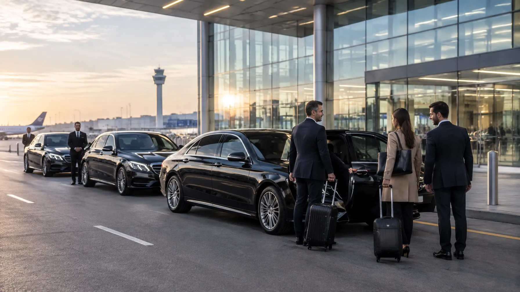 A coordinated line of black executive vehicles outside an international airport.