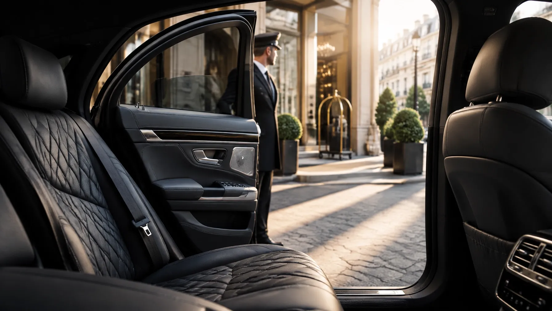 Refined private car interior with chauffeur and hotel entrance in view.