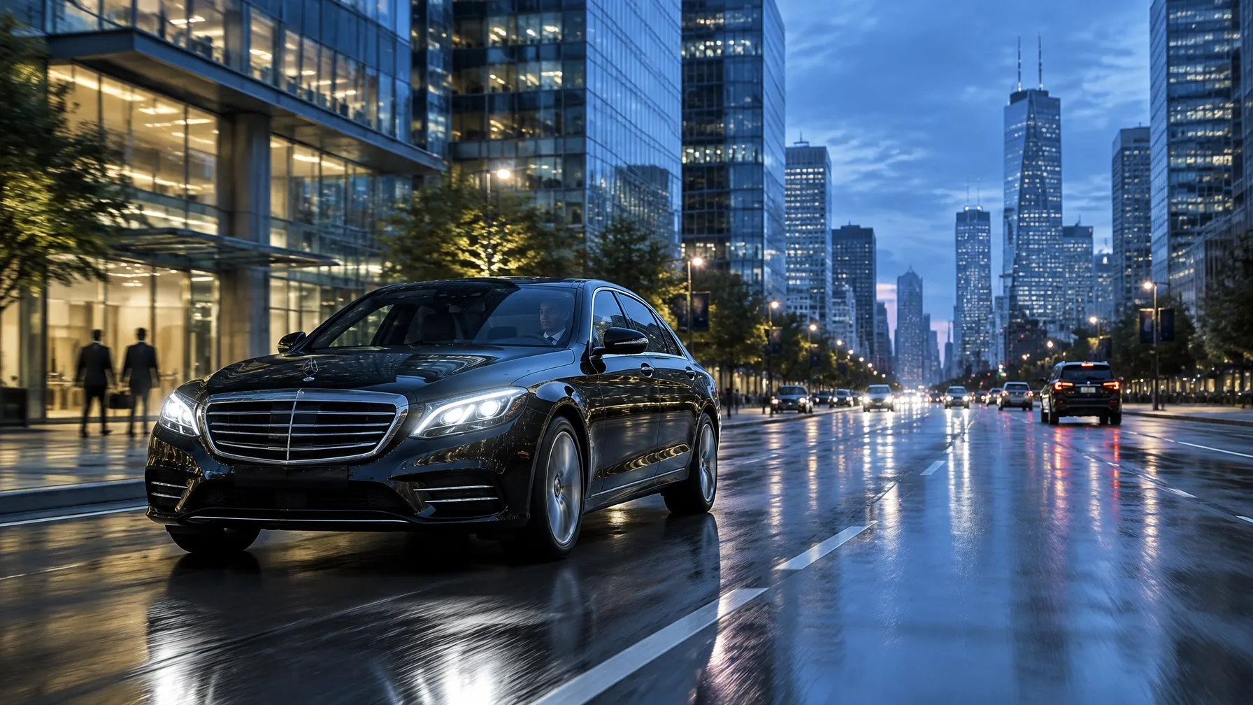 Executive sedan moving through a downtown business district at dusk.